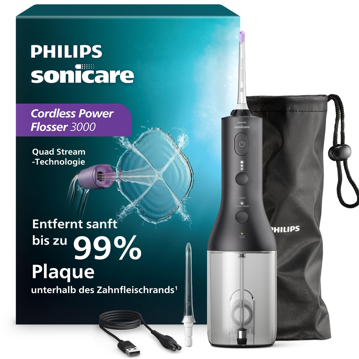 Philips Sonicare kabelloser Power Flosser 3000 Munddusche, Wasser-Flosser pentru dinți, gingii și îngrijirea dentară, în negru (Model HX3826/33)