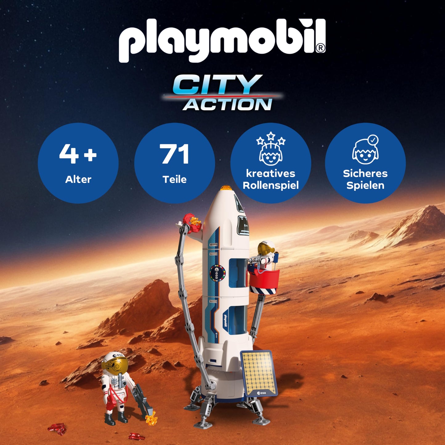 PLAYMOBIL Space ESA Mars research rocket | Modular rocket with launch pad and 2 astronauts | High quality space toy set | For children aged 4 and over | 72011