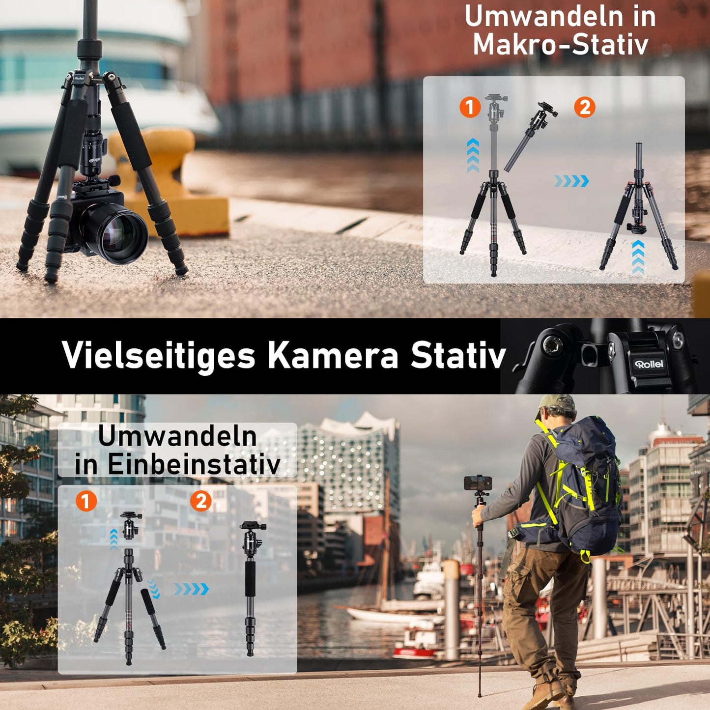 Rollei Compact Traveler No.1 Carbon Black, 145cm camera tripod Lightweight travel tripod with ball head Arca Swiss compatible Compact photo tripod with monopod function for DSLR & smartphone Pack size 34cm - 22578