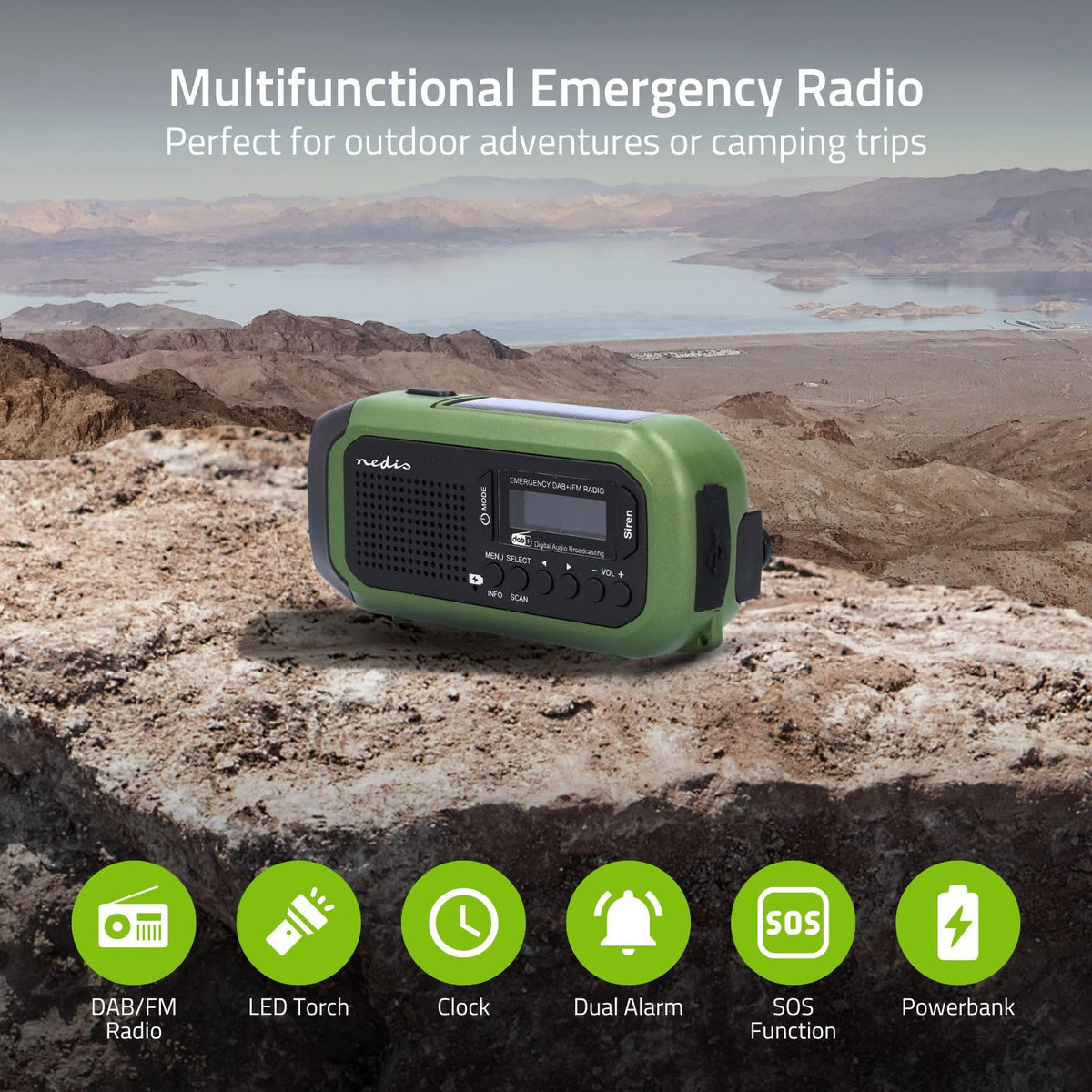 Radio de urgență - Execuție portabilă - DAB+ / FM - Funcționare cu baterii / manivelă / alimentare solară / alimentare prin USB - Ceas deșteptător - Verde / Negru - RDDBCR2000GN