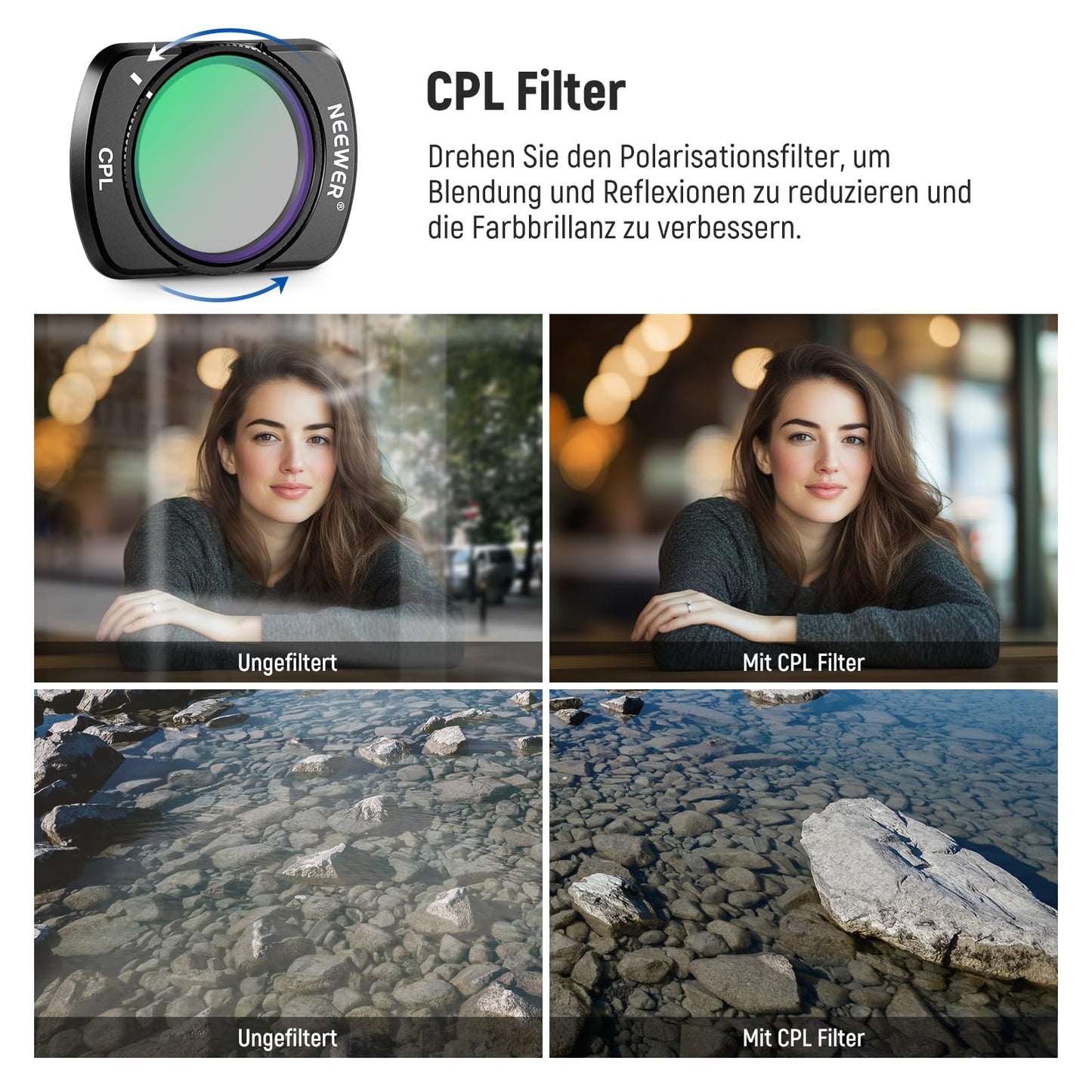 NEEWER lens filter set, compatible with DJI Osmo Pocket 3 / Pocket 4 / Xtra Muse, magnetic CPL filter, 0.75x wide-angle lens with 108° field of view, screen protector, accessories, FL-B29