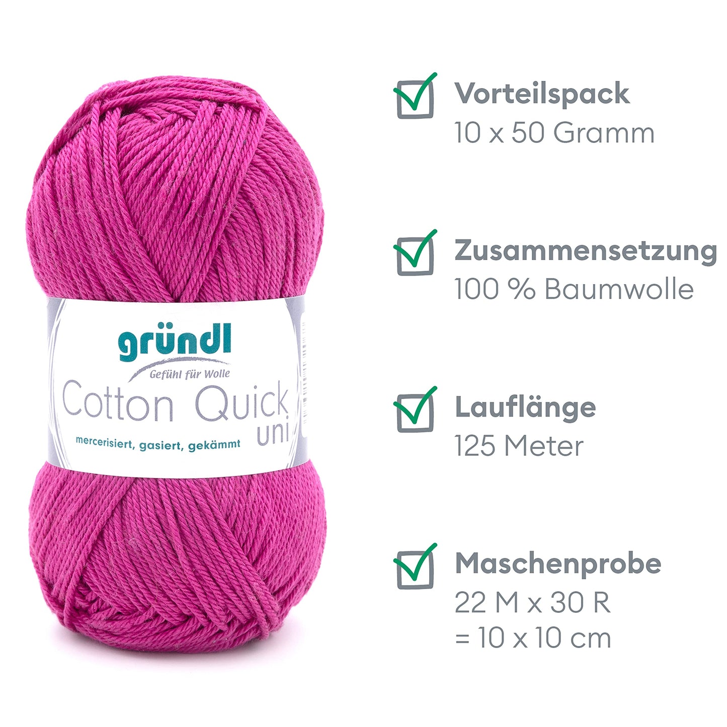 Gründl Wolle Cotton Quick uni - wool for crocheting made from 100% cotton - wool for knitting - shiny cotton yarn 10 balls 50 g / 125 m - orchid - 865-108