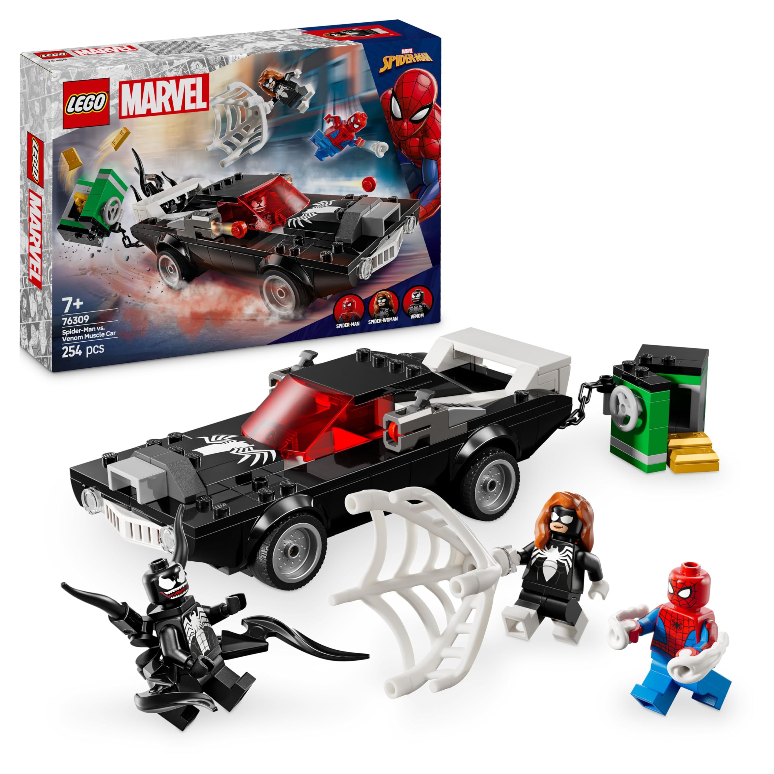 LEGO | Marvel Spider-Man Mech vs. Venom Muscle Car - Car Toy with 3 Superhero Minifigures - Model Car with Shooters - Gift for Boys and Girls Ages 7 and Up 76309
