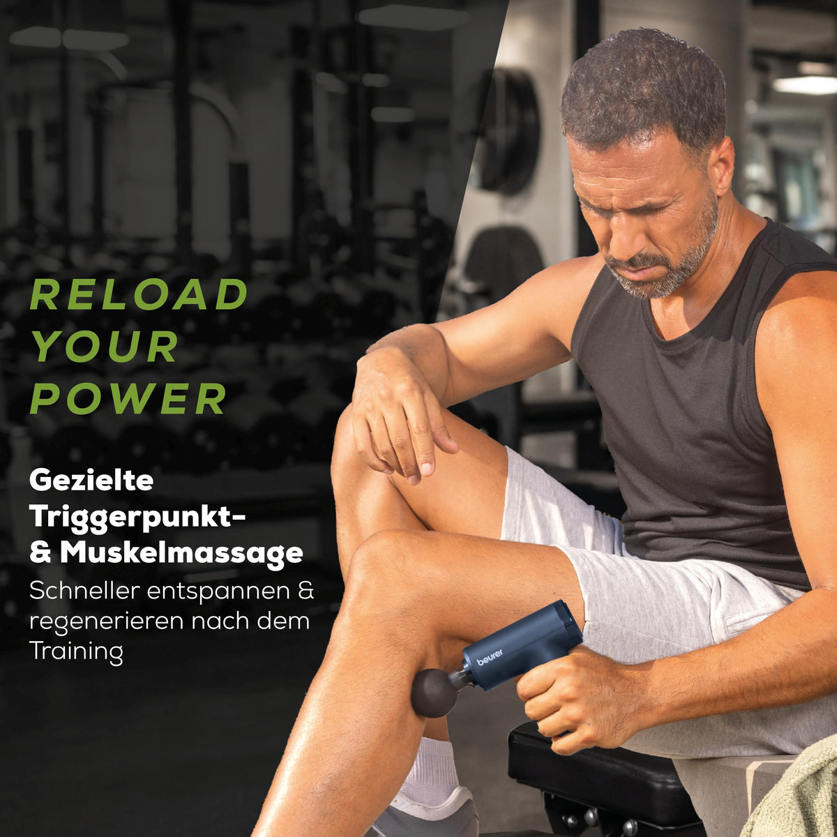 Beurer PowerReload compact Massagepistole, masaj profesional pentru puncte de trigger pentru relaxare și regenerare, dispozitiv puternic de masaj pentru mușchi cu 5 capete, 5 niveluri de intensitate, extrem de silențios. - 10638