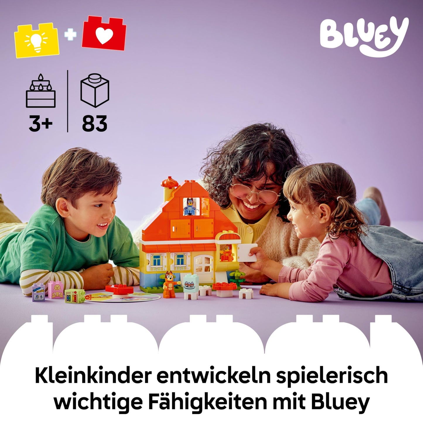 LEGO DUPLO Bluey: Bluey's family house with memory game - educational toy for toddlers - including 3 minifigures, opening windows and board game - gift for boys and girls aged 3 and over - 10459