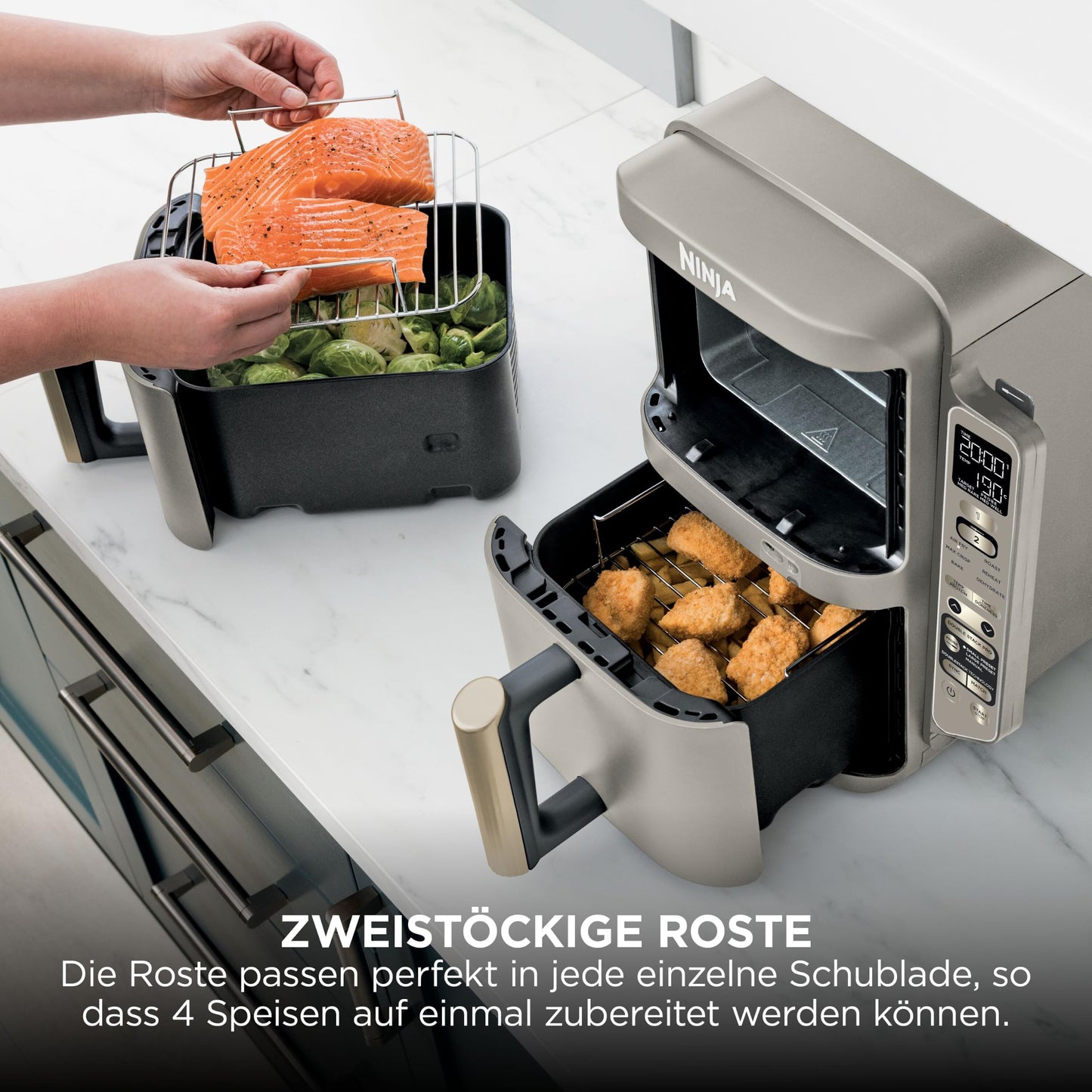 Ninja Double Stack XL Air Fryer with Digital Thermometer and 2 Vertical Drawers, 4 Tiers, and 2 Racks, 9.5L Capacity, 6 Functions, 8 Servings, Steingold SL451EUSD