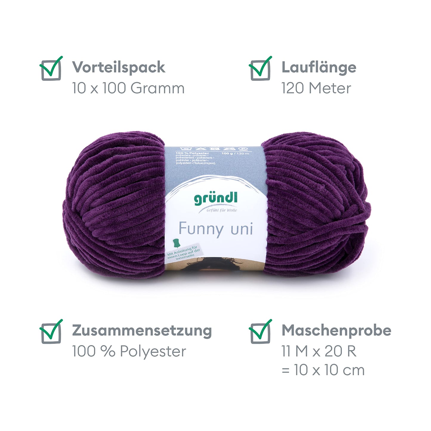 Gründl Wolle Funny uni - soft chenille wool for crocheting - cuddly and skin-friendly - 100% polyester - 10 balls 100 g / 120 m - needle size 5-6, aubergine - 3442-16