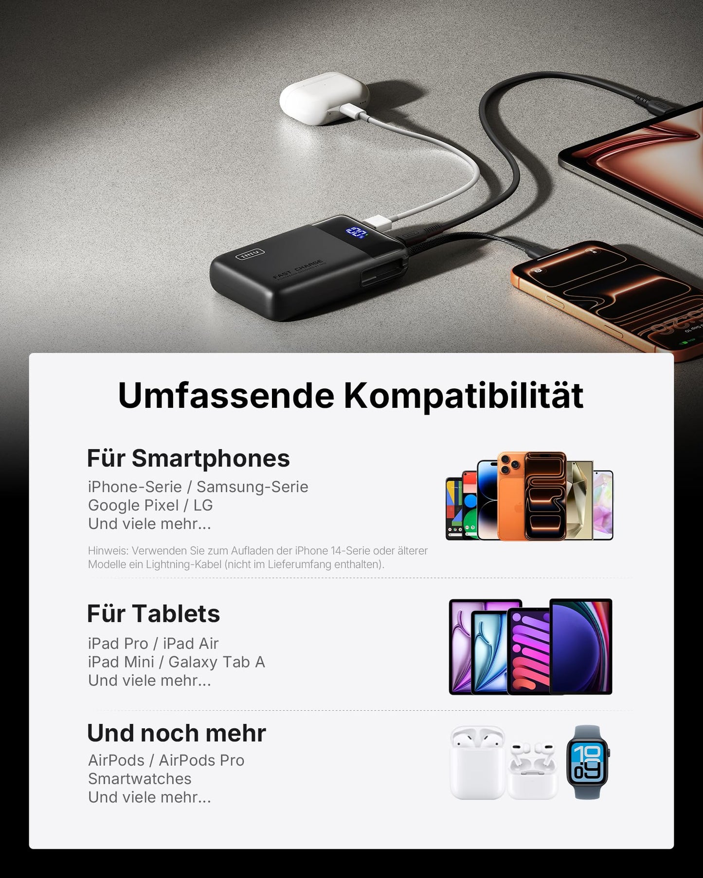 INIU 45W power bank, ultra small 20000mAh with integrated USB-C cable - P51L