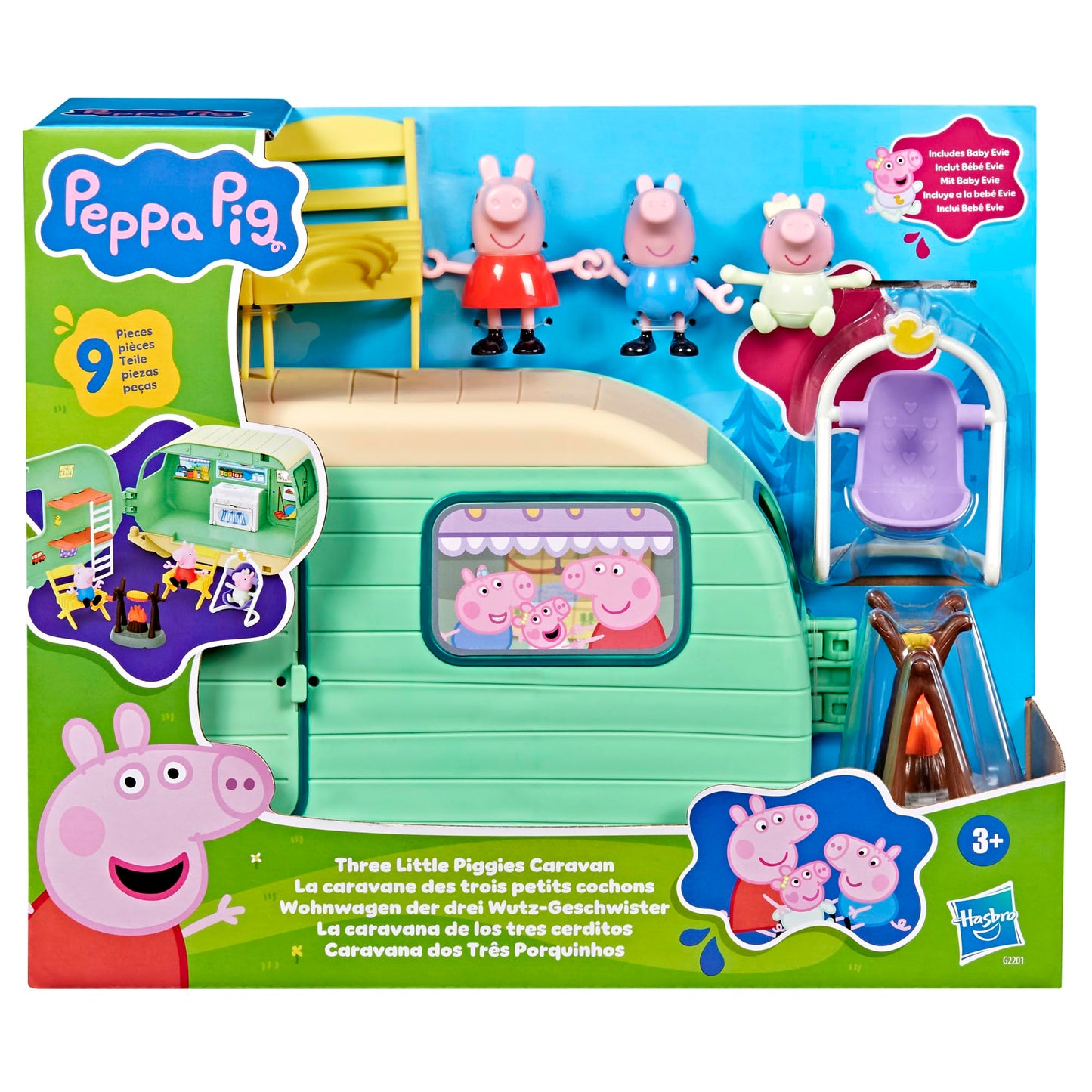 Peppa Pig caravan of the THREE Pig siblings playset with 3 figures, including Baby Evie, preschool toy for girls and boys aged 3 and over - G22015P0