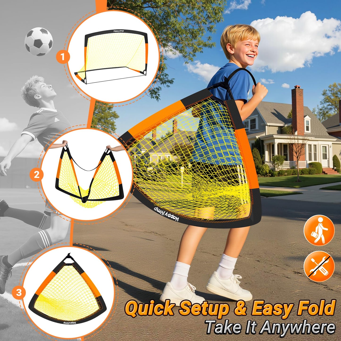 Happy Jump Pop-Up Football Goals - 152x110 cm, 2 goals, black orange with ball, pump, cone & target | Complete training set for garden & family - Z2500700BQ1