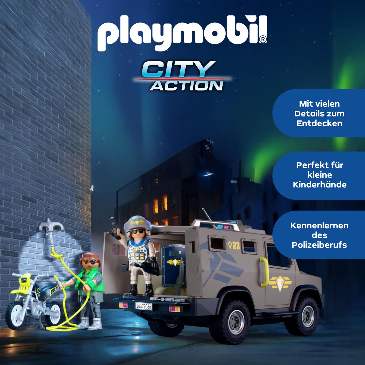 PLAYMOBIL City Action SWAT vehicle | With police officer, criminal motorcycle and nail tape | Children's toys from 4 years | 72066
