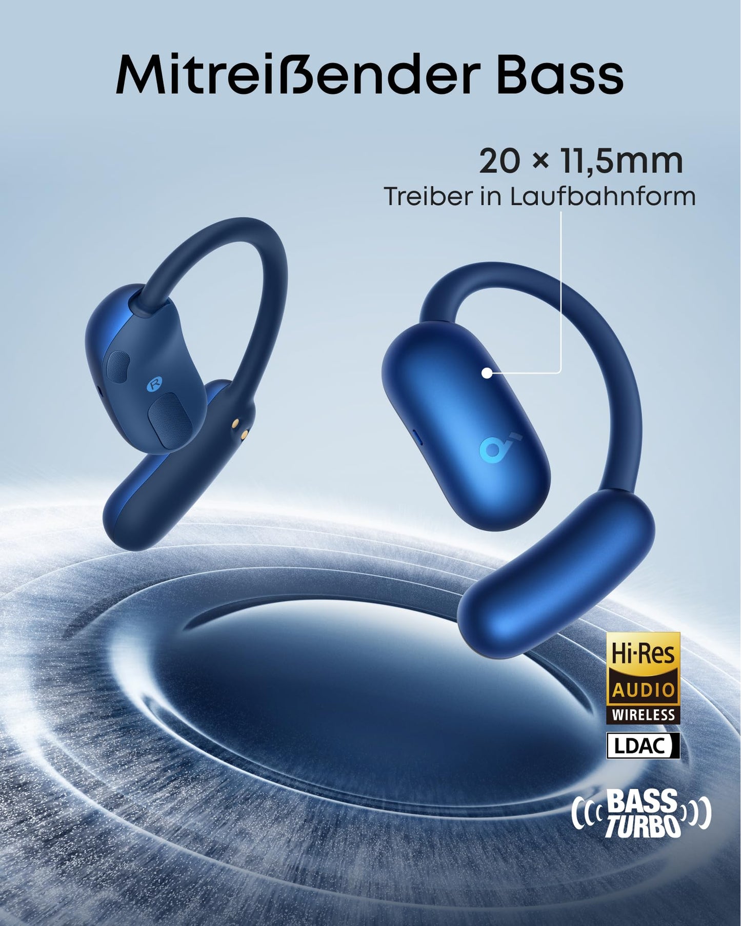 soundcore AeroFit 2 by Anker, open-ear headphones, AI translation, adjustable ear hooks, firm hold, deep bass, Hi-Res audio, 42h playtime, Bluetooth 5.4, wireless charging, IP55, clear calls through AI - A3874