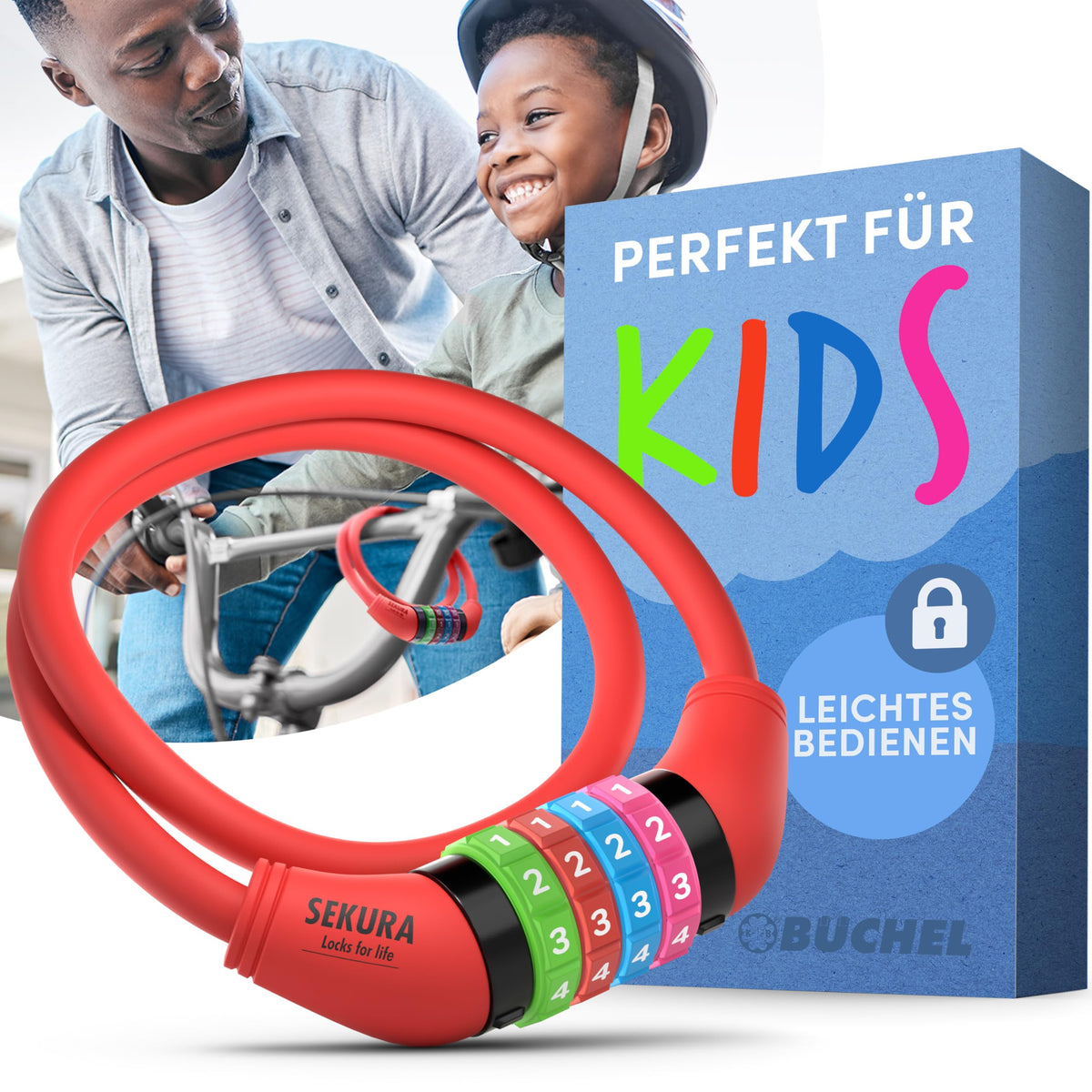 Büchel Bicycle Lock for Kids, Combination Lock, 120cm, Red, 4-Digit, with Holder, Suitable for Children, Colorful, Easy to Use, Over 10,000 Combinations, 100 Years of Experience - 60504209