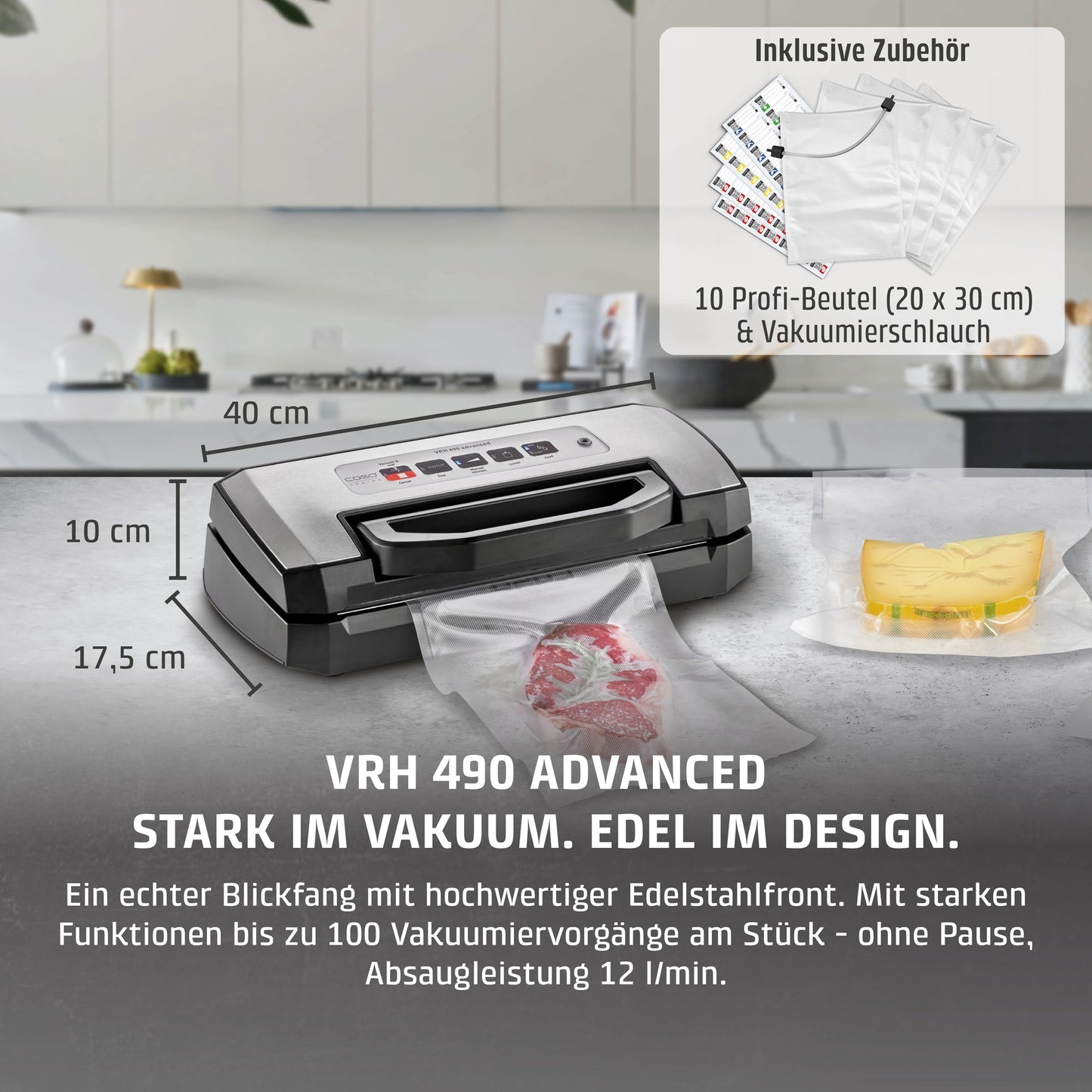 CASO VRH 490 advanced vacuum sealer, test result Very Good film welding machine, up to 100 vacuum sealing processes non-stop, removable vacuum chamber, incl. 10 professional film bags - 1525