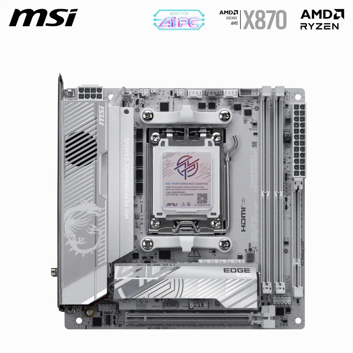 MSI MPG X870I Edge TI EVO WiFi Placă de bază, ATX - Suportă procesoare AMD Ryzen 9000/8000/7000, AM5-110A SPS VRM, DDR5 Memory Boost 8200+MT/s (OC), PCIe 5.0 x16, M.2 Gen5, Wi-Fi 7, 5G LAN - 7E50-001R