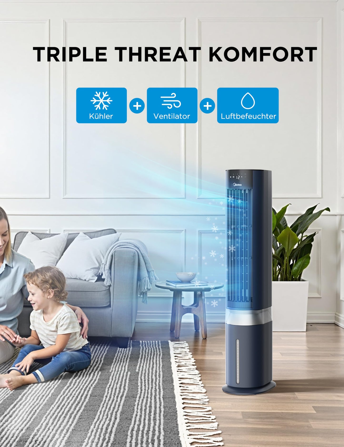 Midea Sensicool air cooler with 7L water cooling | Mobile air conditioning without exhaust hose | Fan with water cooling | 2000m³/h evaporative cooler, 6 speeds, touch display (blue) - MCF23XRB_1