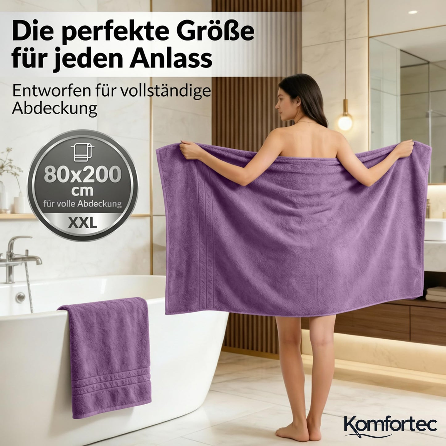 Komfortec 2 sauna towel set 80x200 cm, large sauna towels made of 100% cotton, sauna towels, fluffy and absorbent, quick-drying, purple - 2er-80x200-violett
