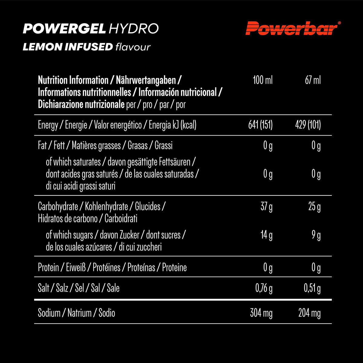 Powerbar - PowerGel Hydro - Infuzat cu lămâie - 24x67ml - Gel energetic cu carbohidrați ridicați - fără cofeină - Sodiu&Sodiu - 22040500
