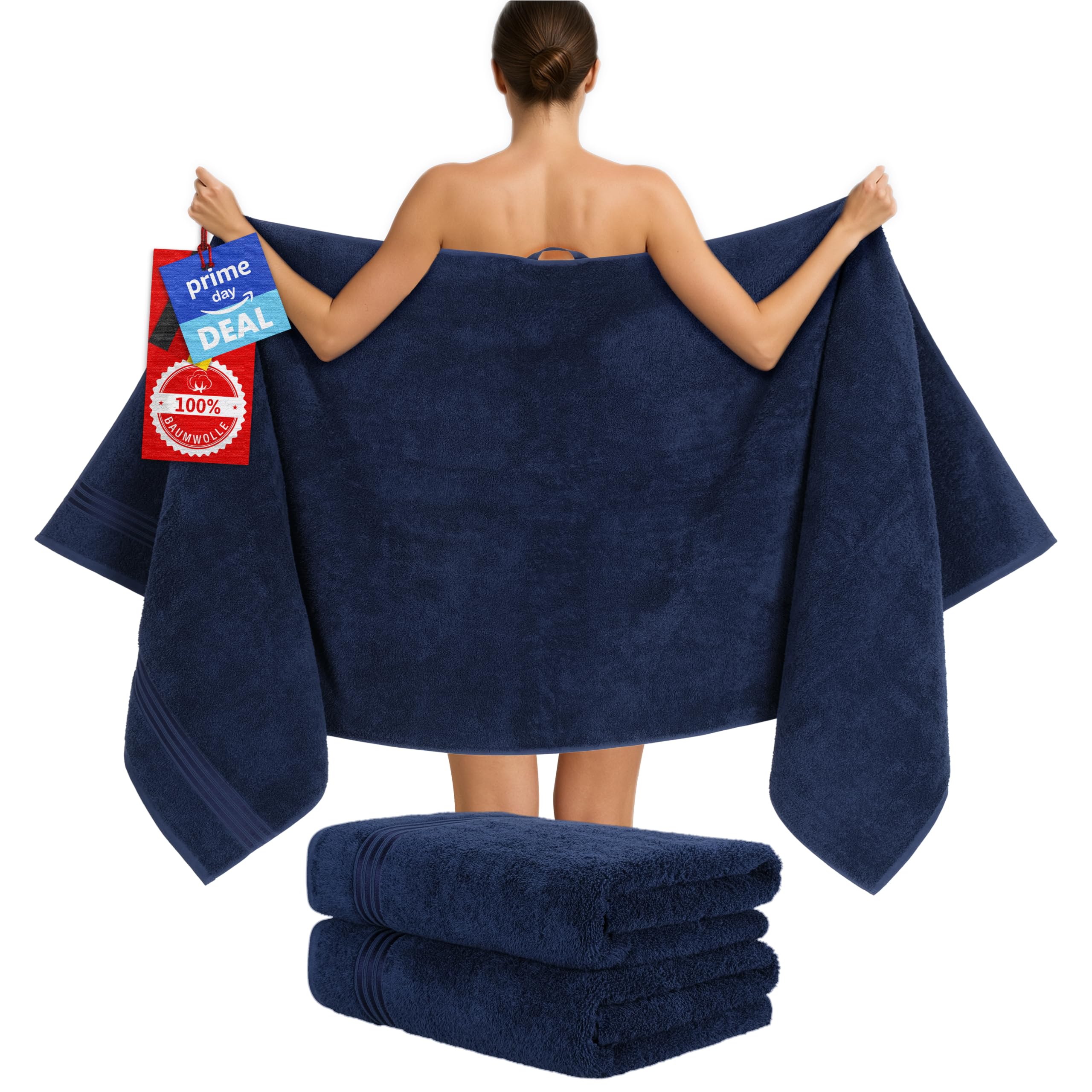 Hammetex sauna towels 80x200 cm set of 2 - extra large shower towels - 100% cotton terry - Oeko-TEX certified - soft, absorbent - with hanger, dark blue - RN335