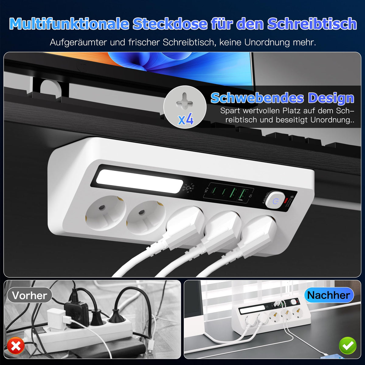 AUNNO Power Strip with USB, 5-Outlet Power Strip with 2 USB-A and 2 USB-C Ports, 1.8 m Long Power Strip with Switch and Surge Protection, Power Cable with Control