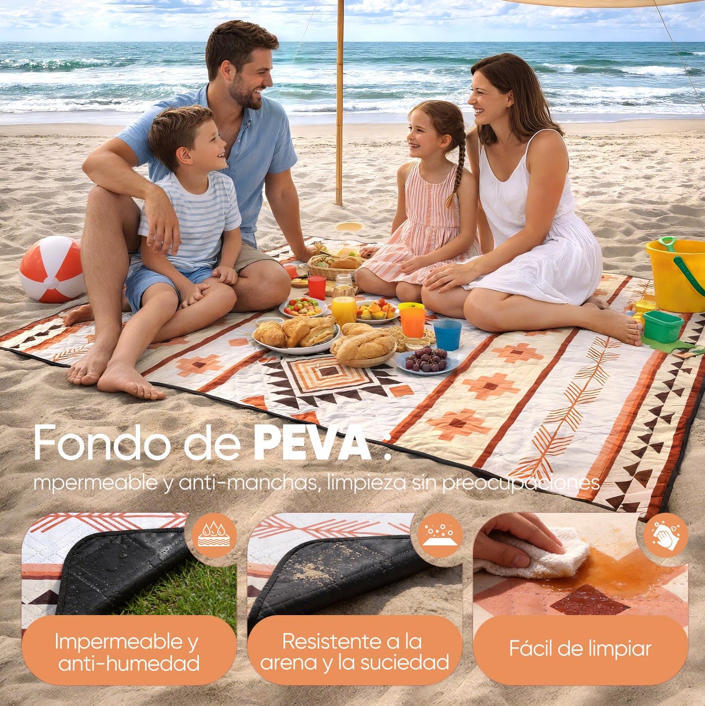 Sekey Boho Picnic Blanket Waterproof 150 x 200 cm Beach Blanket Sand Free | Padded, three-layer structure, PEVA waterproof base, tie strap carry strap, suitable for picnic, camping, beach - PM13