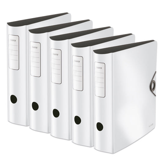 Leitz quality folder 180° Active Solid, pack of 5, A4, wide, rounded spine, 8.2 cm wide, elastic band closure, light polyfoam, plastic folder, white, 10471001 - 10471001-5