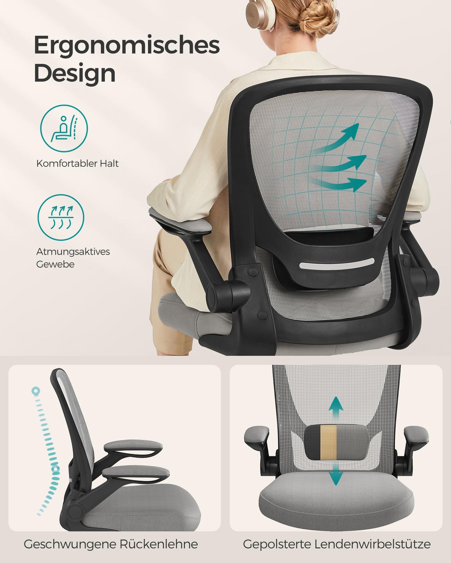 SONGMICS ergonomic office chair, swivel chair with mesh, lumbar support, rocker function, 53 cm seat, folding armrests, study and bedroom, students, dove gray OBN037G01