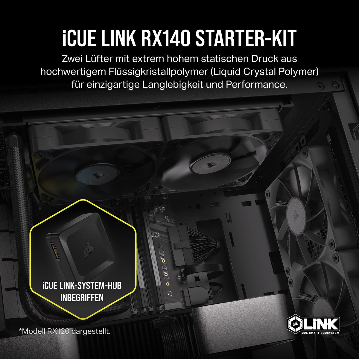 CORSAIR iCUE LINK RX140 140mm PWM Fans with iCUE LINK System Hub - Magnetic Coupling Bearing - Dual Pack - Black - CO-9051012-WW
