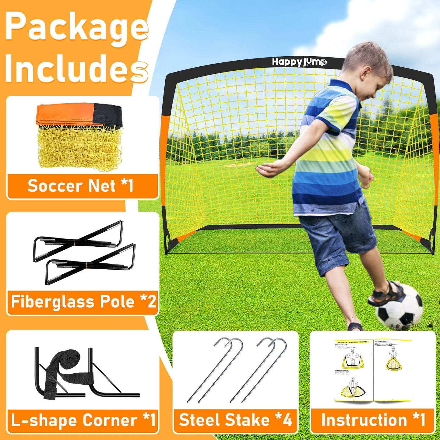 Happy Jump Pop-Up Football Goal - 213x152 cm, 1 Goal, Black Orange | Foldable Fiberglass Goal for Kids & Adults | Ideal for gardens and parks - A235666BQ1