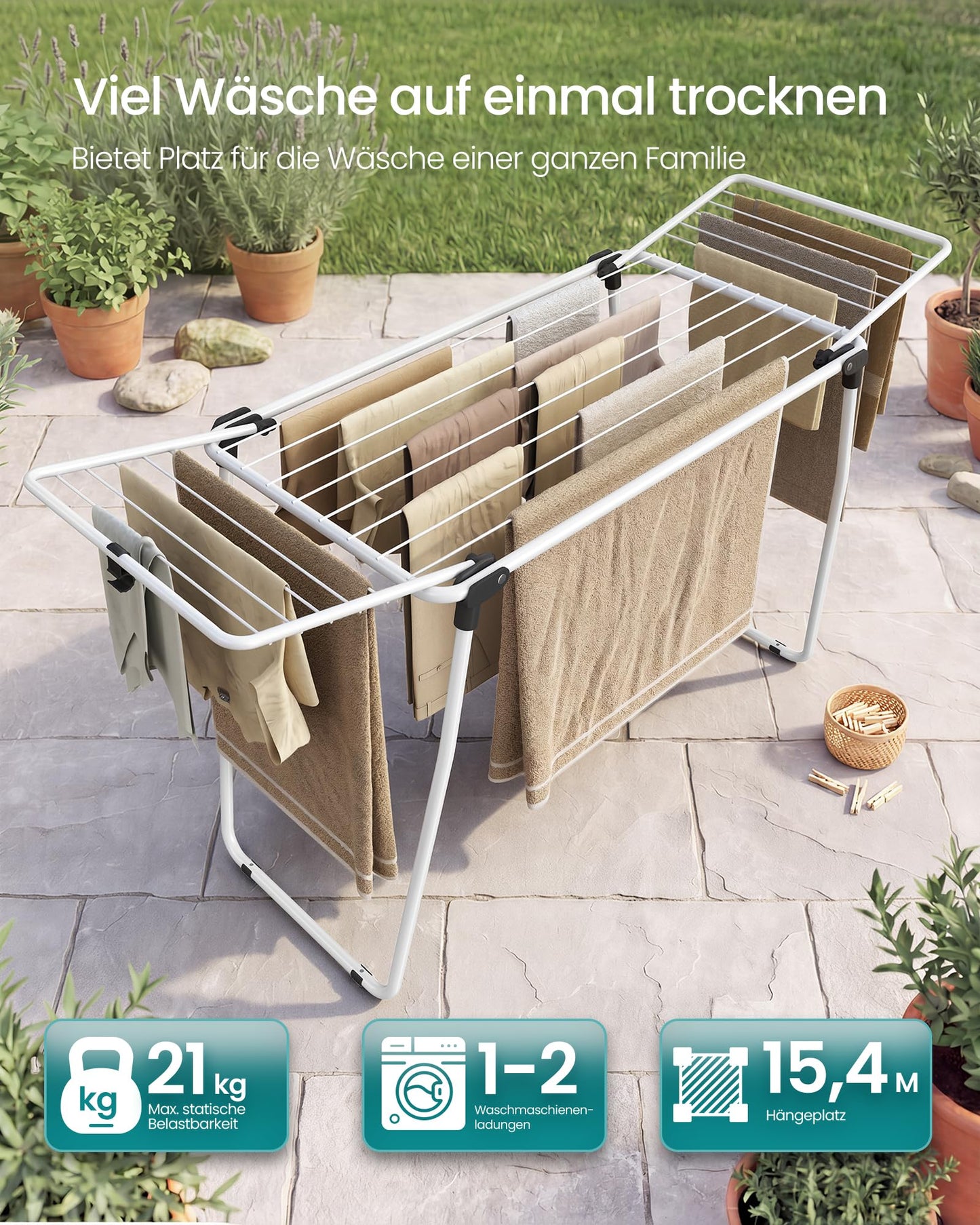 SONGMICS clothes airer, stand dryer 47 x 150 x 91 cm, wing clothes airer, wing clothes dryer space-saving, metal, for clothes, towels, white LLR520WK01