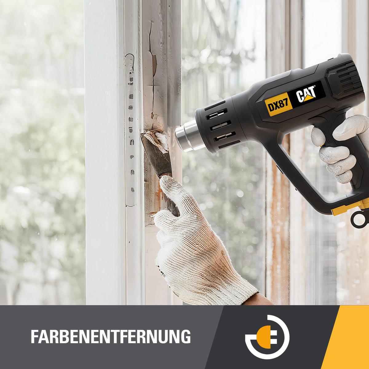 CAT DX87 Hot Air Gun 2000W, with LCD display, stepless temperature adjustment 50–600°C, 2 airflow levels, LED light, includes 5 nozzles & scraper (for professional applications)