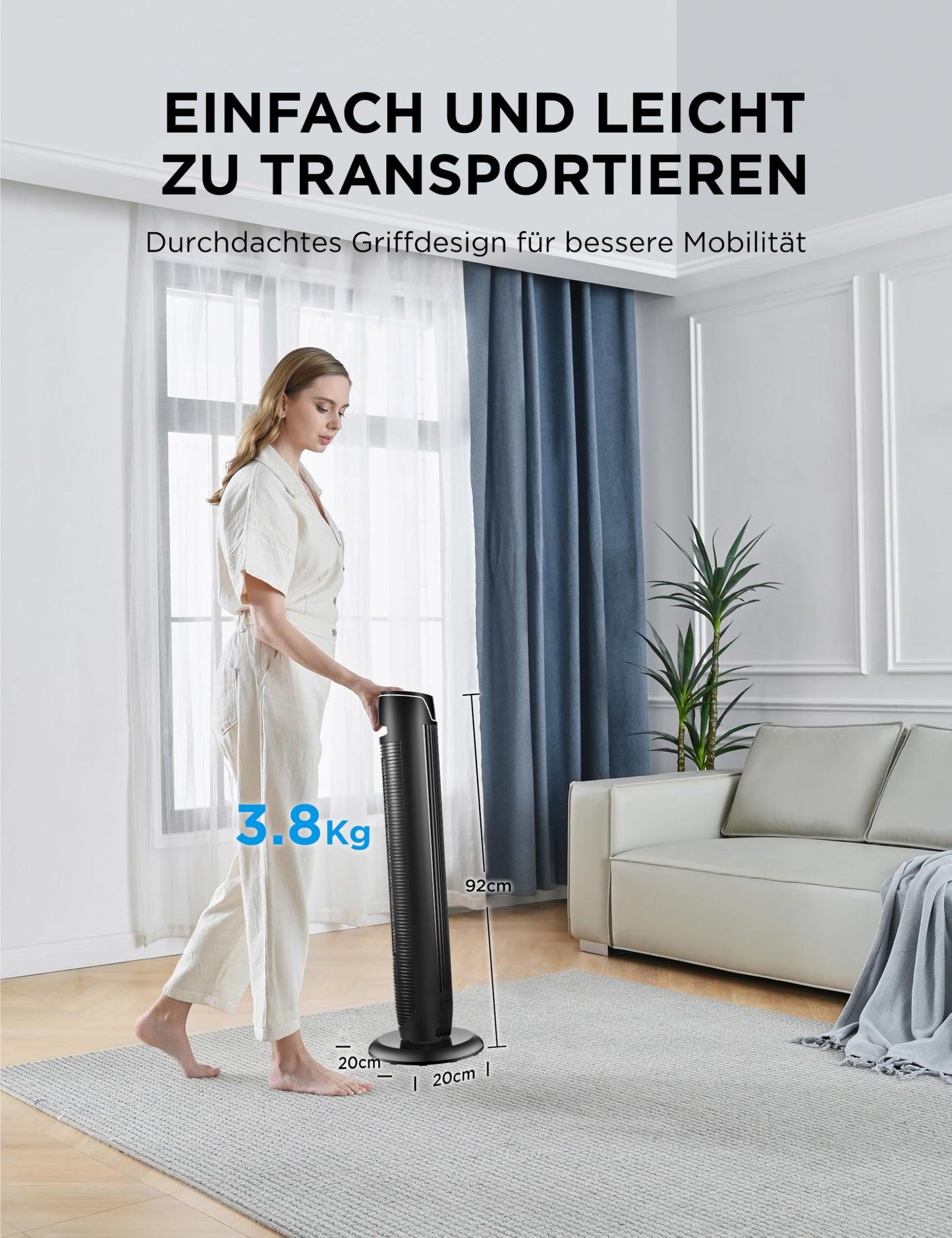Midea FZ10-17JR Tower Fan Quiet with Remote Control 92CM, Mobile Fan, Column Fan, 7 Hour Timer, 3 Modes, 3 Speeds, 45W Stand Fan, Black