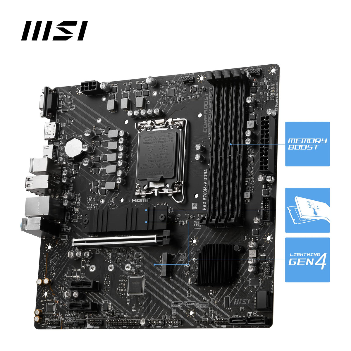 Placa de bază MSI PRO B760M-P DDR4, suportă procesoare Intel de generația 12, 13 și 14 Core, LGA 1700, DDR4 Memory Boost 4800+MHz/OC, slot PCIe 4.0 x16, sloturi M.2 Gen4, Micro-ATX, divers, M-ATX - 7E02-001R