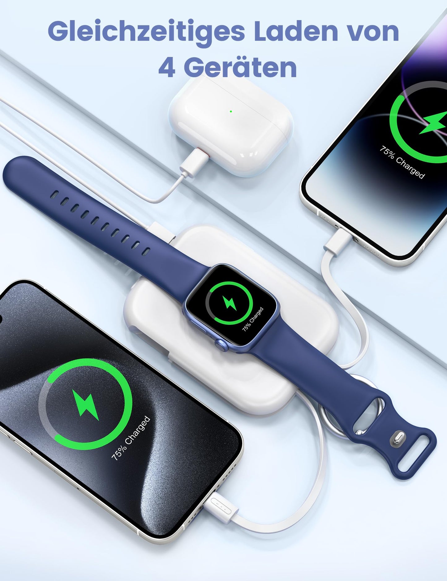 RORRY Power Bank, 5000mAh Power Bank with Integrated Cable, Travel Portable Charger Key Ring External Mobile Phone Batteries for iPhone 17/16/15/14/13/12, Apple Watch Ultra/11/10/9/8/7/6/SE, White - D2