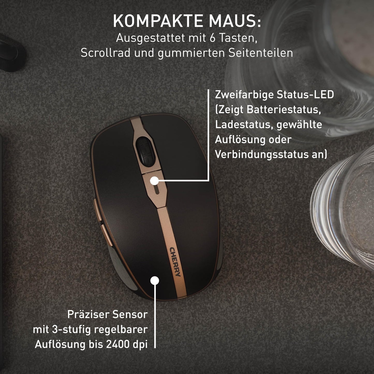 CHERRY DW 9100 Slim, wireless keyboard and mouse set, German layout (QWERTZ), Bluetooth & 2.4 GHz radio, quiet keys, rechargeable, black-bronze - JD-9100DE-2