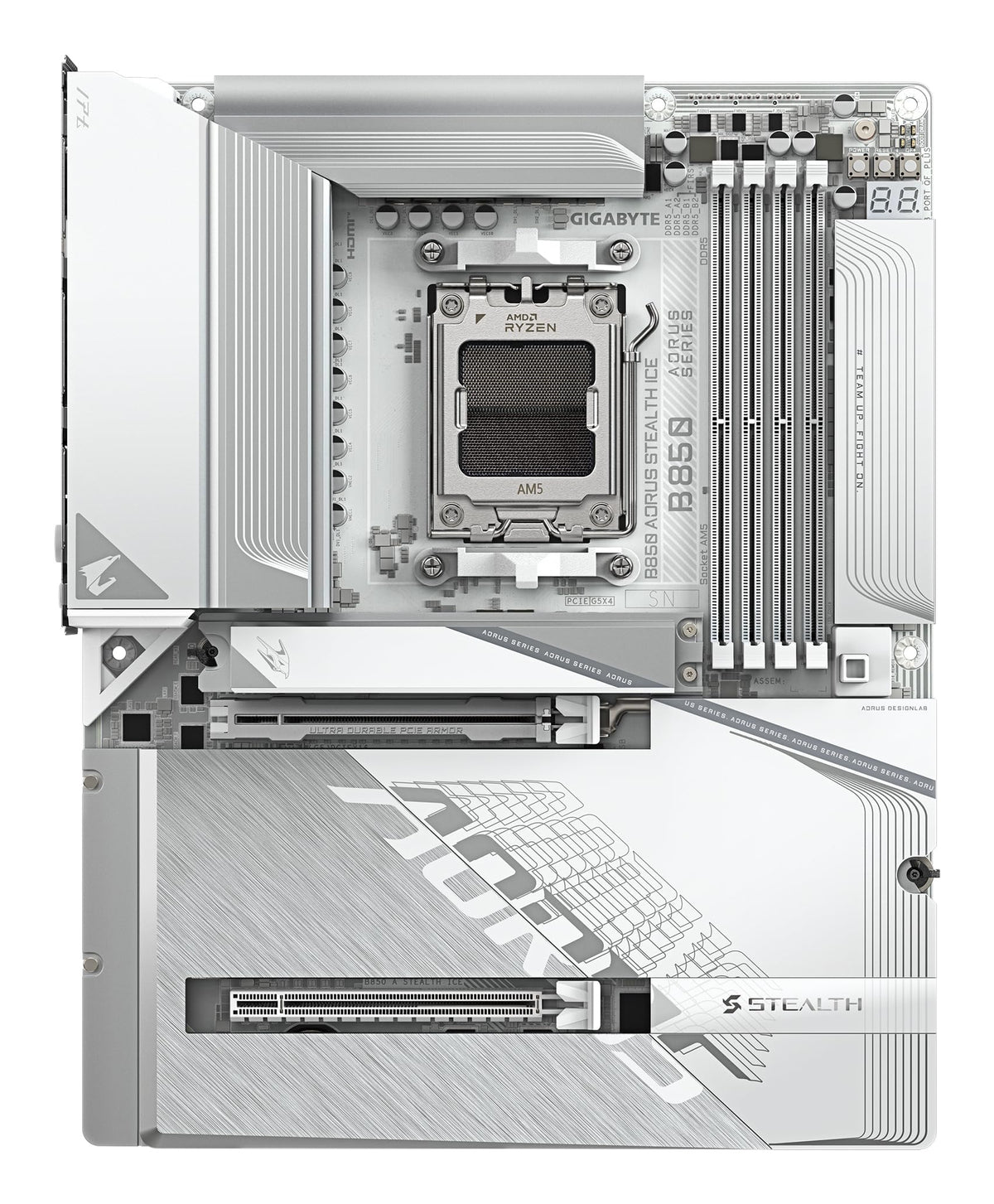 GIGABYTE B850 AORUS Stealth Ice Mainboard – Supports AMD Ryzen 9000 series CPUs, digital 14+2+2 phase VRM, up to 8200 MHz DDR5 (OC), 2 x PCIe 5.0 + 2 x PCIe 4.0 M.2, Wi-Fi 7, 5 GbE LAN