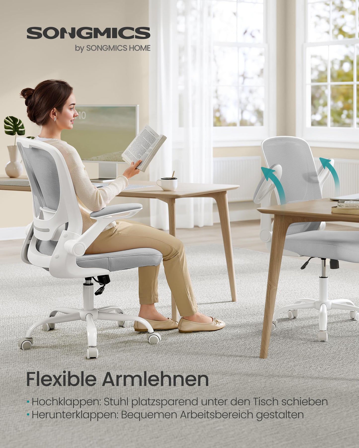 SONGMICS ergonomic office chair, swivel chair with mesh, lumbar and headrest, rocker function, 53 cm seat, folding armrests, study and bedroom, students, light gray OBN037G02 - OBN37BK