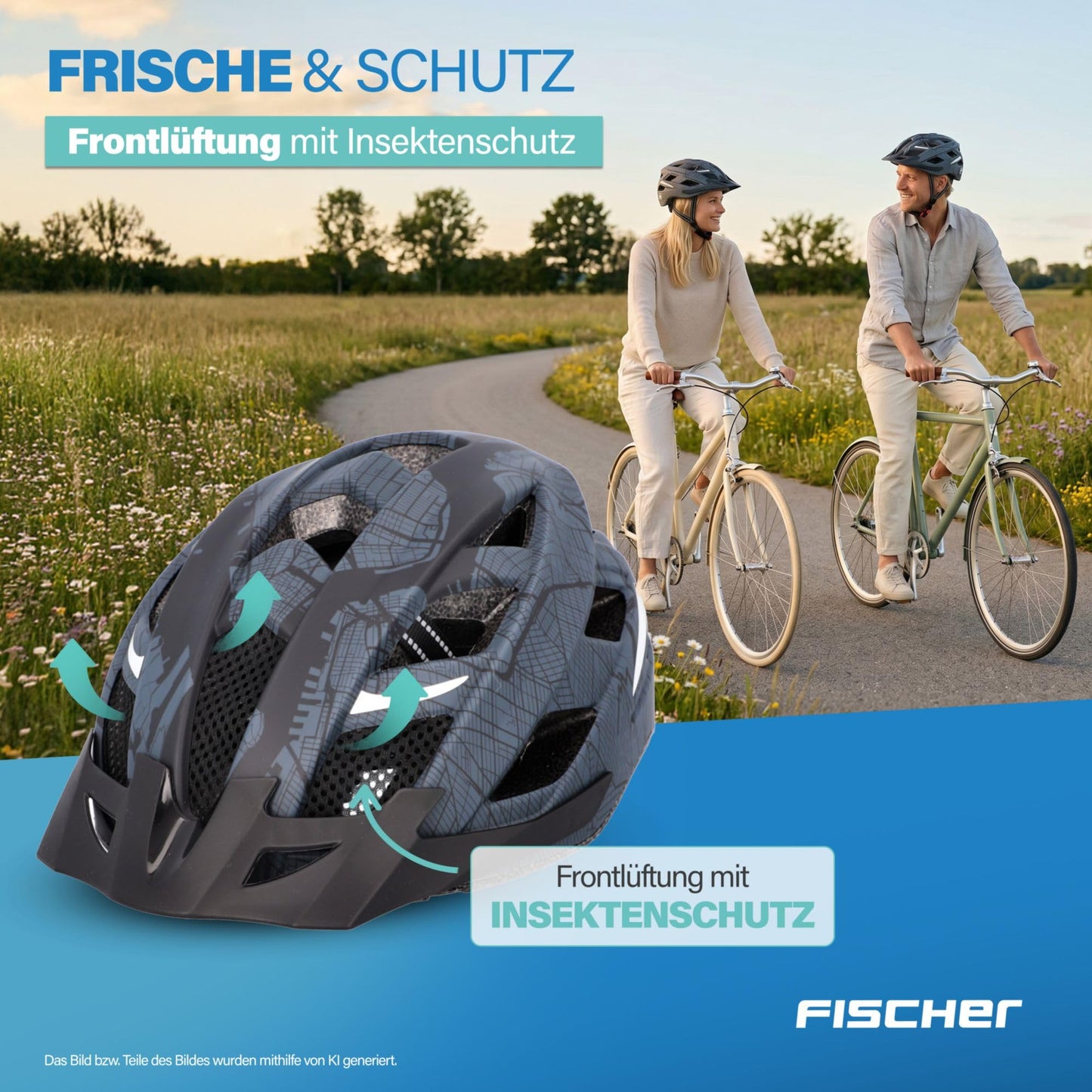 Fischer adult bicycle helmet, cycling helmet, city helmet Urban Plus Brooklyn, L/XL, 58-61cm, blue, with integrated LED rear light - 50450