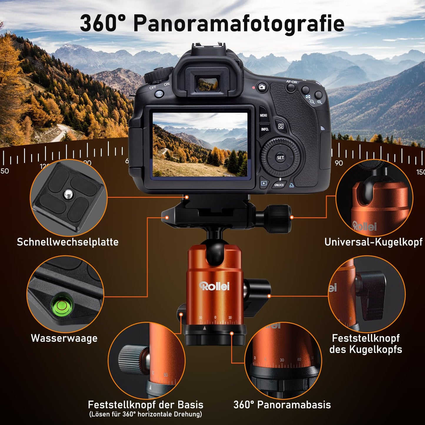 Rollei Compact Traveler No.1 Carbon Orange, 145cm camera tripod pack size 34cm compact photo tripod with ball head Arca Swiss compatible lightweight travel tripod with monopod function for DSLR & smartphone - 22579