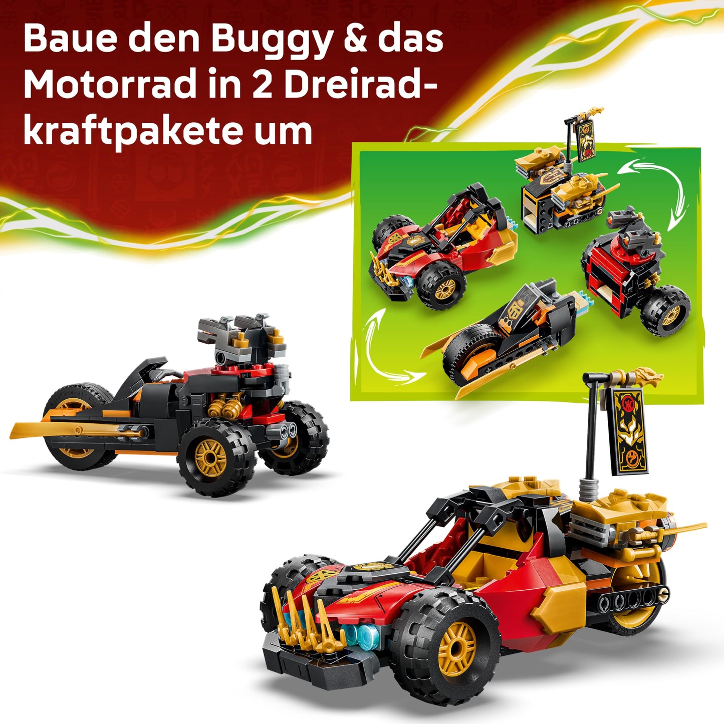 LEGO NINJAGO Kai's and Cole's combination speedster - ninja toy with car, motorcycle, 3 minifigures including Kai & Cole with katanas - gift idea for boys aged 7 and up and Dragons Rising fans - 71864