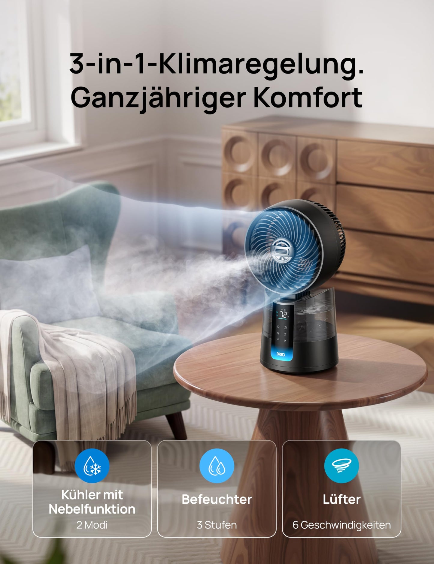 DREO TurboCool Mist Fan 516S, table fan with 150°+30° oscillation, evaporative cooler, 7.9 m/s, ultra-fine mist, 20 dB quiet, 6 speeds, 2 modes, app & remote control, RGB, gray - DR-HEC006S