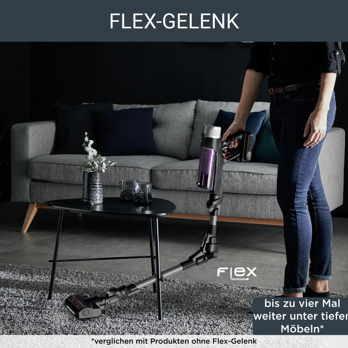 Rowenta X-Force Flex 9.60 Allergy cordless stick vacuum cleaner, 100 Air Watt, removable battery, up to 45 minutes of runtime, compact, flex joint, LED nozzle, purple-black, RH2038