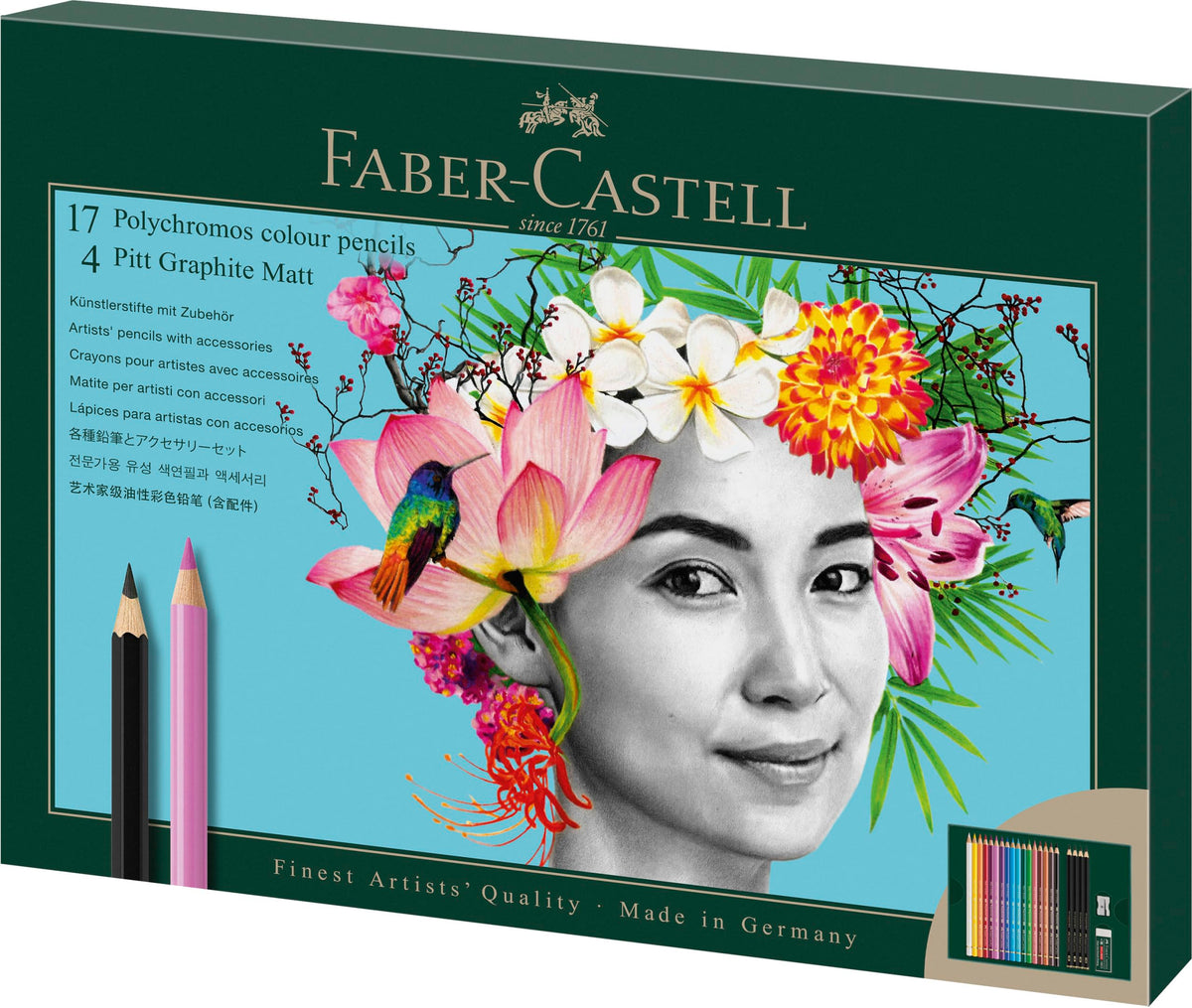 FABER-CASTELL 210052 - 23-piece drawing set with Polychromos colored pencils and pencils Pitt Graphite Matt, including sharpener and eraser - FC210052
