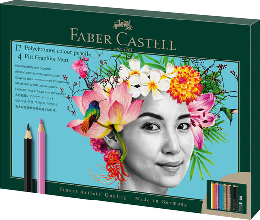 FABER-CASTELL 210052 - 23-piece drawing set with Polychromos colored pencils and pencils Pitt Graphite Matt, including sharpener and eraser - FC210052