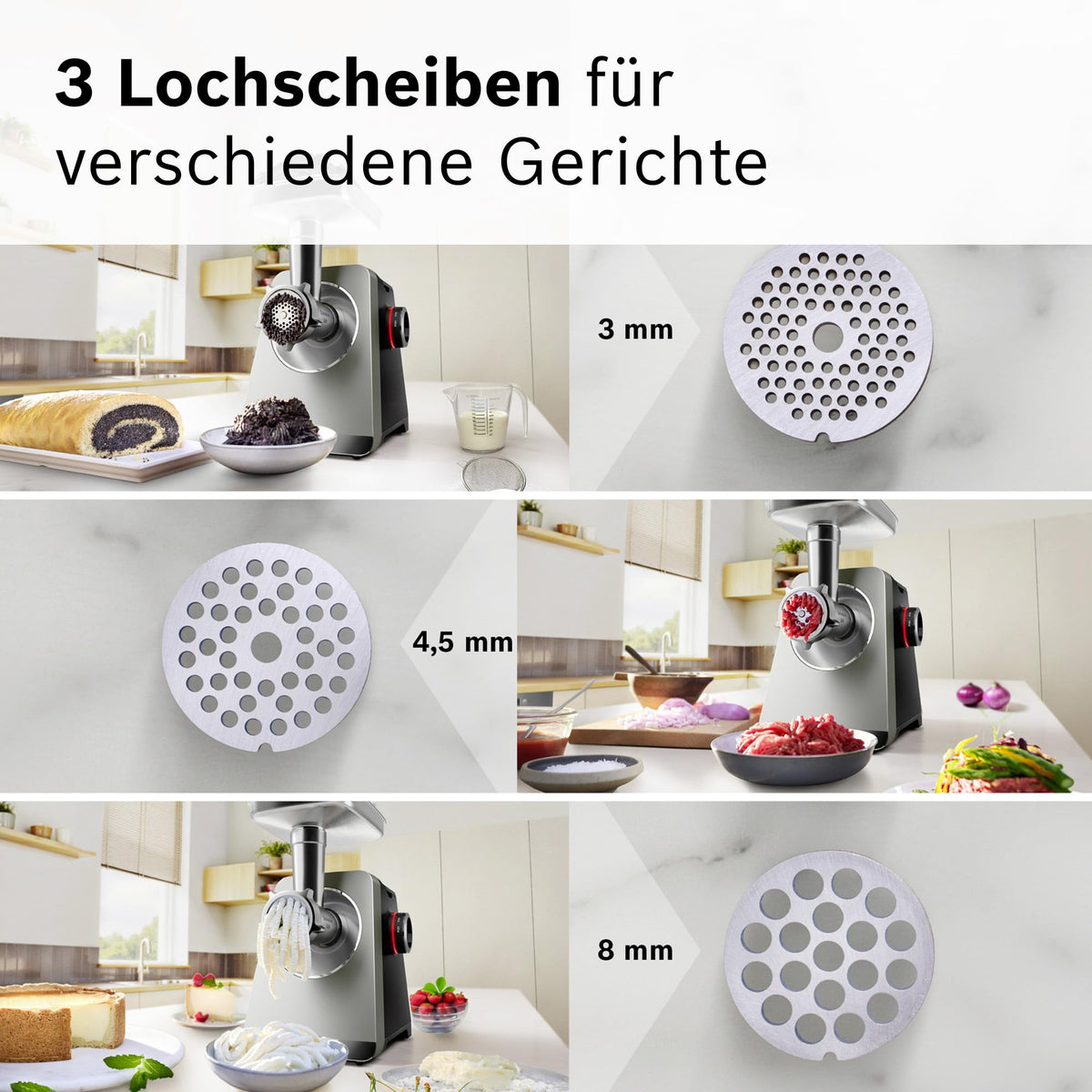 Bosch Răzătoare de carne Serie 8, 3 discuri de tăiere (3/4,5 / 8mm), oțel inoxidabil, lavabilă în mașina de spălat vase, accesorii pentru Kebbe și cârnați, feliator continuu, puterea motorului 2.500 W, electric, MultiPower MFWS840M