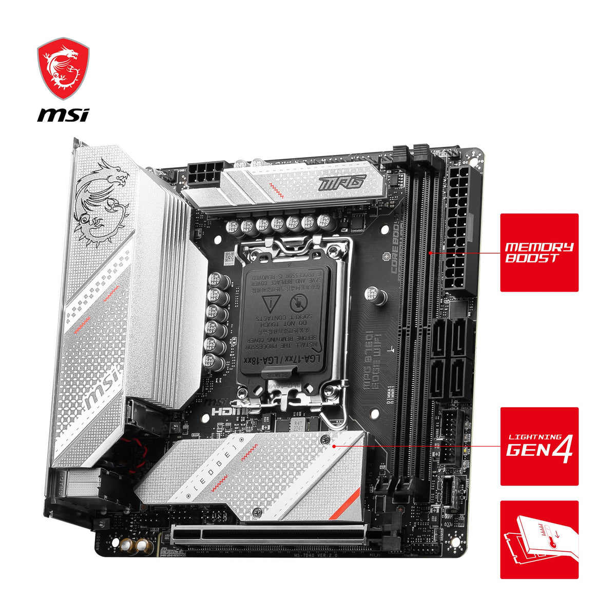 MSI MPG B760I Edge WiFi Placă de bază, Mini-ITX - Pentru procesoare Intel Core de generația a 12-a, a 13-a și a 14-a, LGA 1700-8 Direct 90A VRM, DDR5 Memory Boost 7200+MHz/OC, PCIe 5.0 x16, 2 x M.2 Gen4, Wi-Fi 6E - 7D40-005R