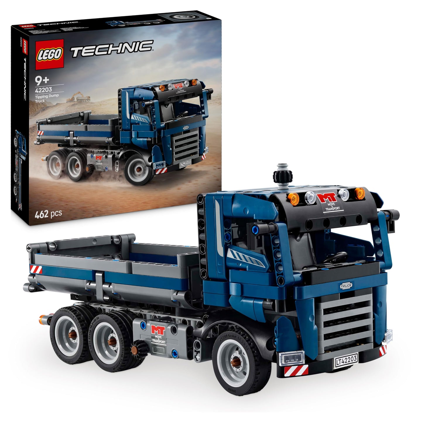 LEGO Technic dump truck toy with steering and movable dump body - blue construction vehicle - gift idea for a birthday or the holidays - building set for boys and girls aged 9 and up 42203