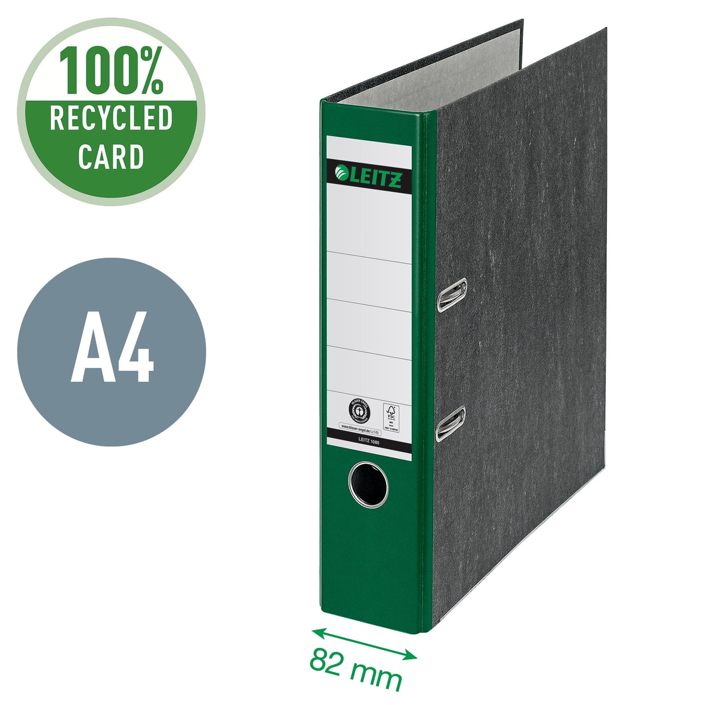 Leitz quality folders 180°, pack of 20, A4, 100 percent recycled cardboard, 8 cm spine width, cloud marble paper, green spine, 10805055 - 10800055
