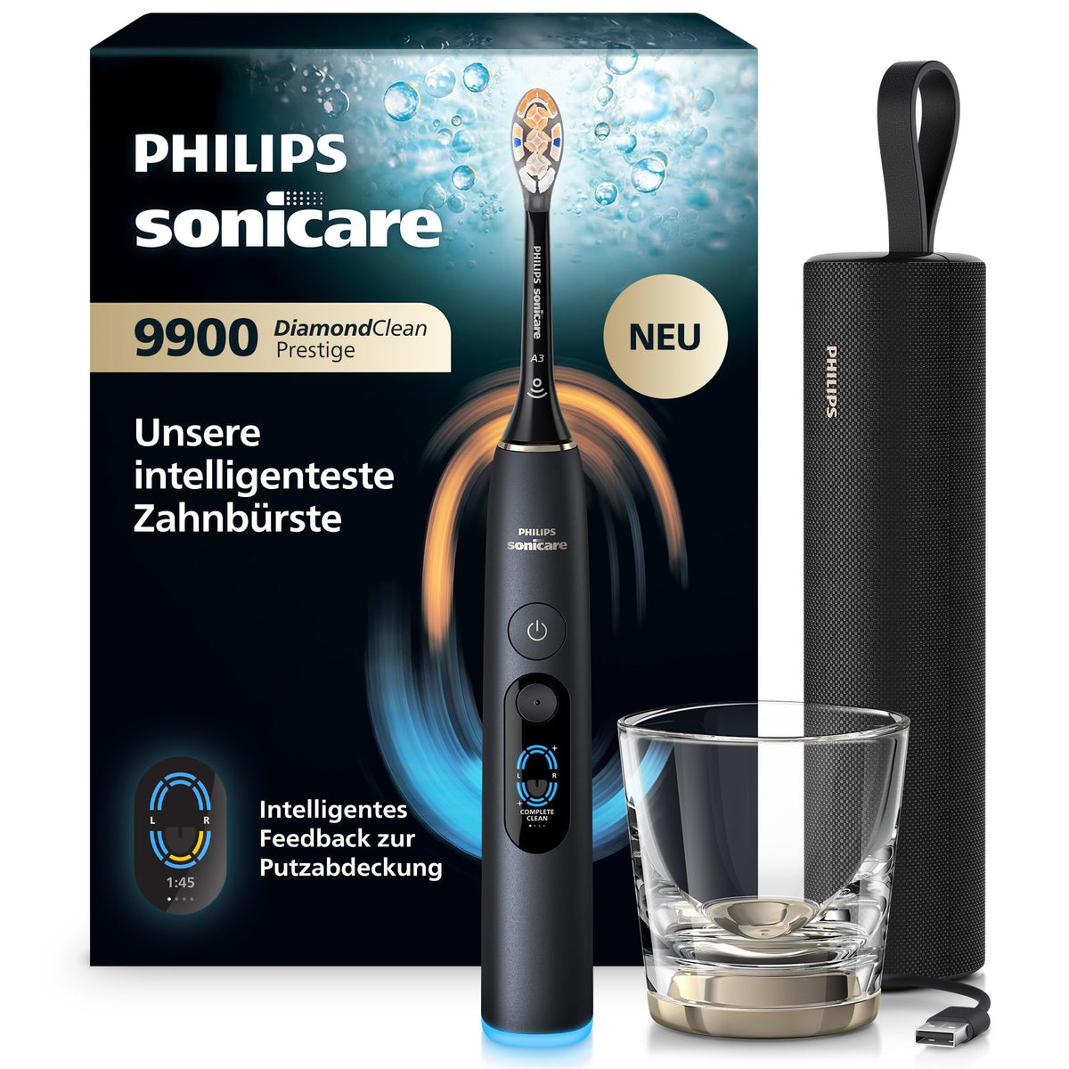 Philips Sonicare Next-Generation DiamondClean 9900 Prestige periuță de dinți electrică - feedback inteligent pentru acoperirea periajului, control inteligent al presiunii, 24 de setări, negru cu quartz, HX9813/92