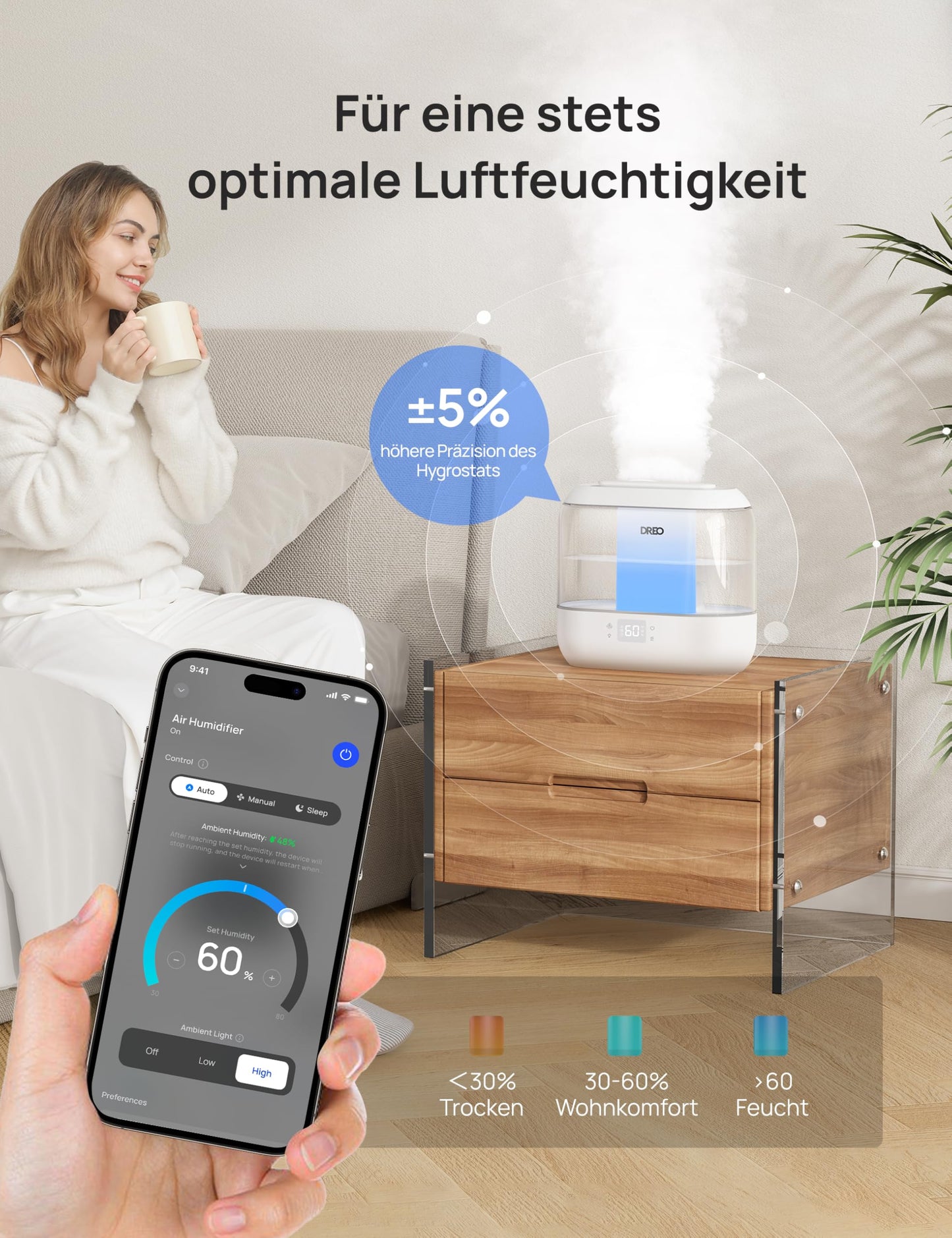 DREO Smart Humidifier for Bedroom, Top Fillable 4L Large Cooler Mist Humidifier with Oil Diffuser and Night Light, 36 Hour Runtime, Quiet Ultrasonic Humidifier for Home - DR-HHM001S